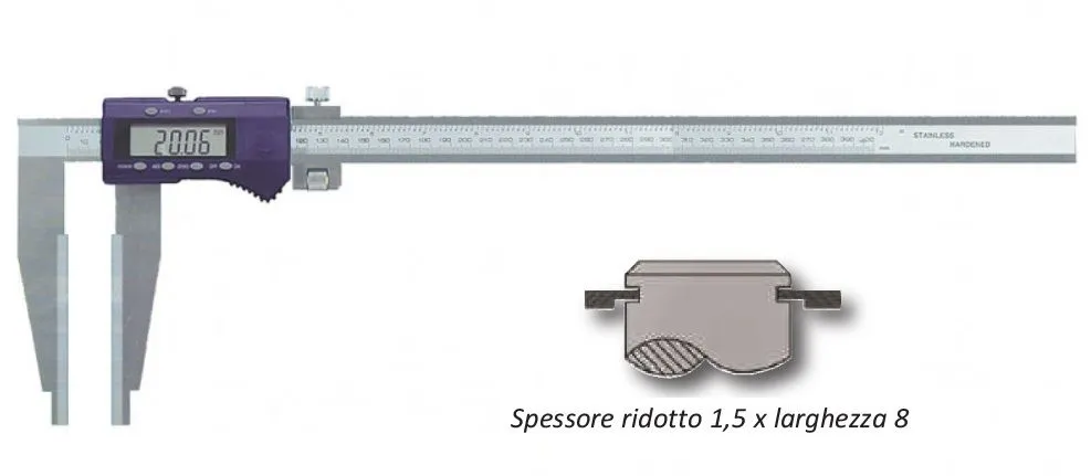 001.963 Calibro digitali per gole esterne strette, spessore ridotto 1.5 x larghezza 8, campo di misura 300mm, lunghezza becchi 9