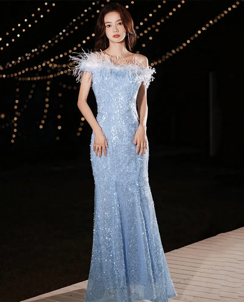 14217  Iena Blu Senza Spalline Con Piume Maxi Paillettes Abito A Sirena Club Party Dress Abito Da Sera Abito Da Ballo Quinceane