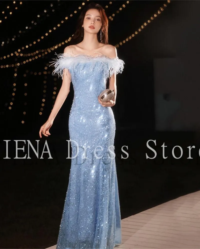 14217  Iena Blu Senza Spalline Con Piume Maxi Paillettes Abito A Sirena Club Party Dress Abito Da Sera Abito Da Ballo Quinceane