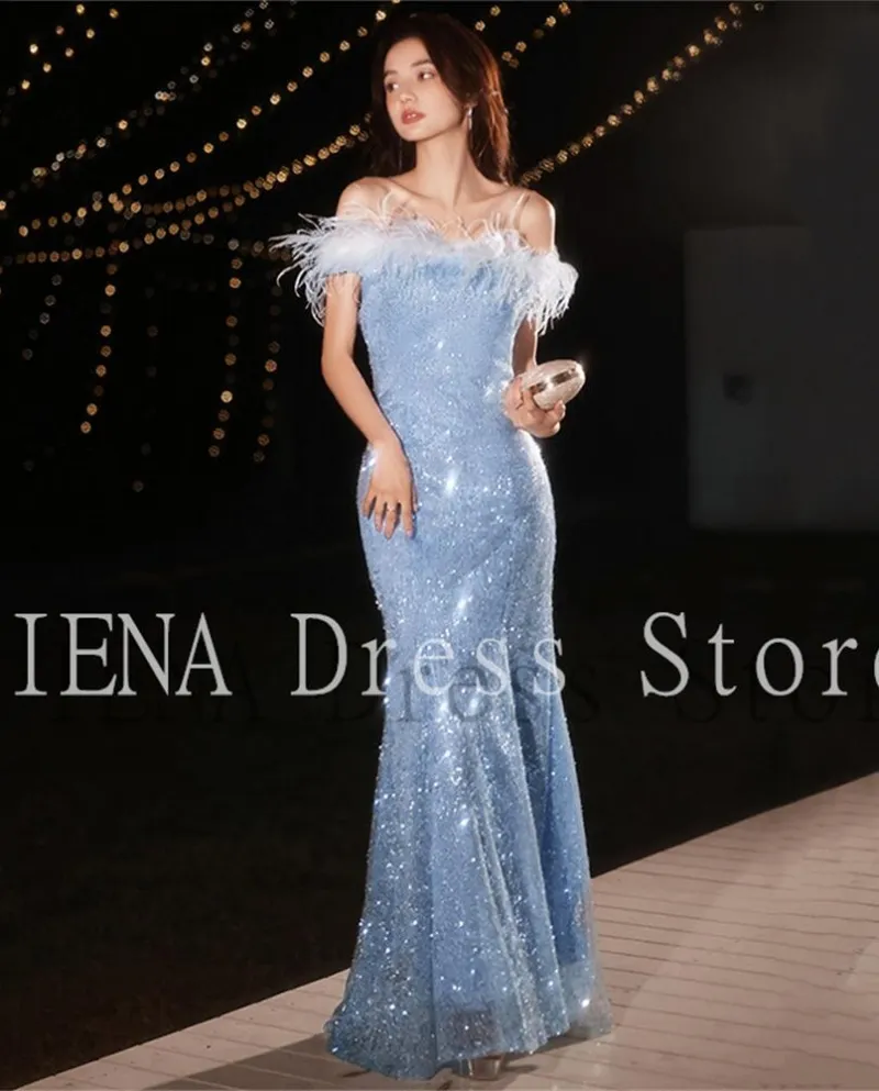 14217  Iena Blu Senza Spalline Con Piume Maxi Paillettes Abito A Sirena Club Party Dress Abito Da Sera Abito Da Ballo Quinceane