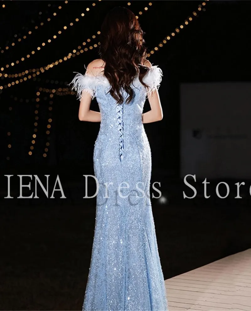 14217  Iena Blu Senza Spalline Con Piume Maxi Paillettes Abito A Sirena Club Party Dress Abito Da Sera Abito Da Ballo Quinceane
