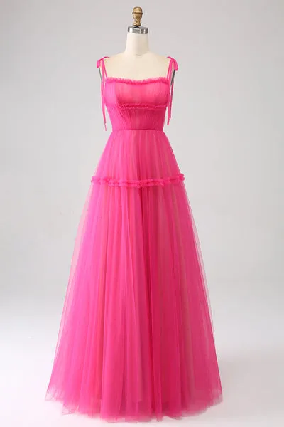 Abito da ballo lungo in tulle fucsia A-Line con volant