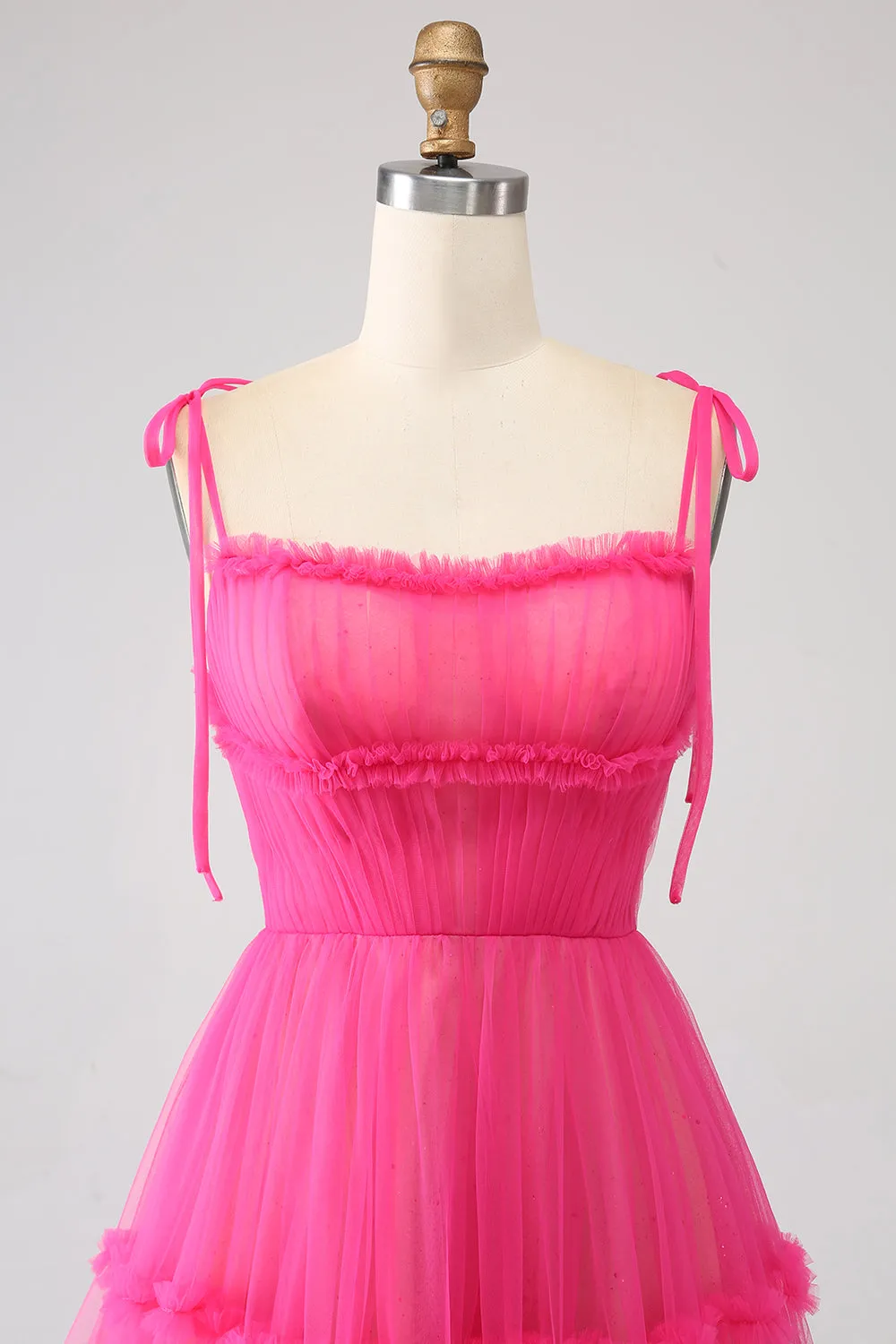 Abito da ballo lungo in tulle fucsia A-Line con volant