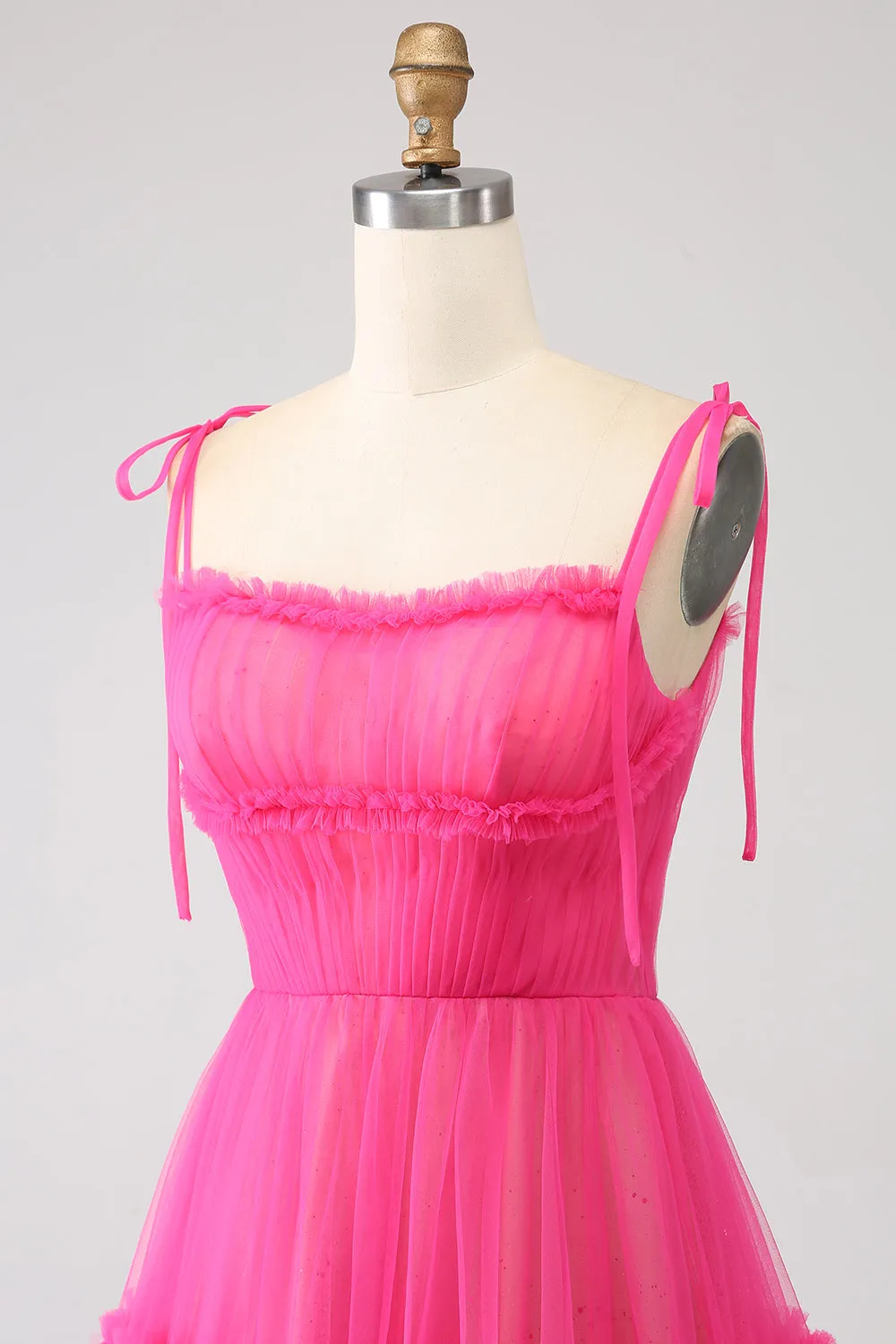 Abito da ballo lungo in tulle fucsia A-Line con volant
