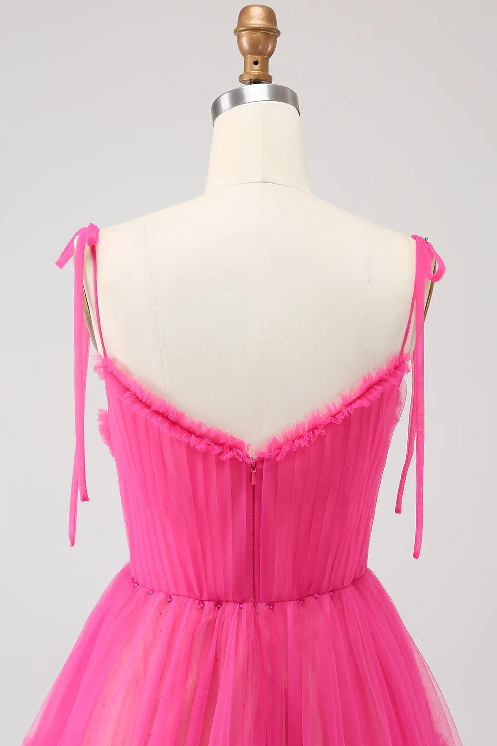 Abito da ballo lungo in tulle fucsia A-Line con volant