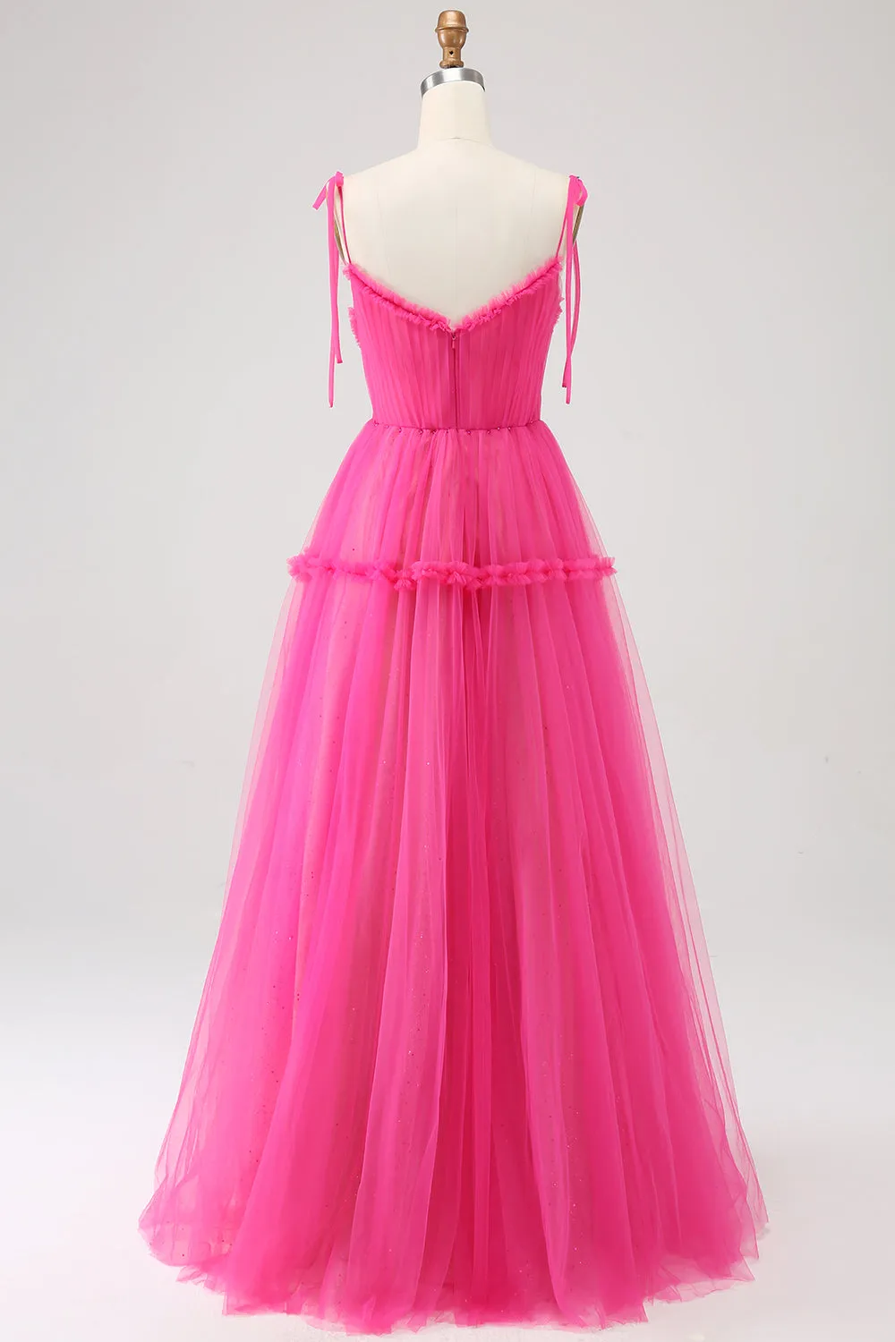 Abito da ballo lungo in tulle fucsia A-Line con volant