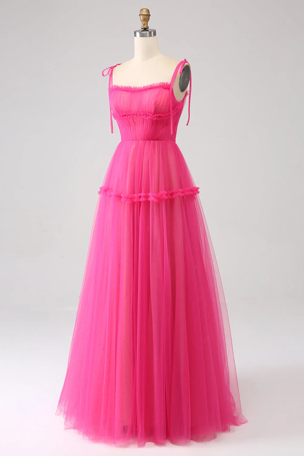 Abito da ballo lungo in tulle fucsia A-Line con volant