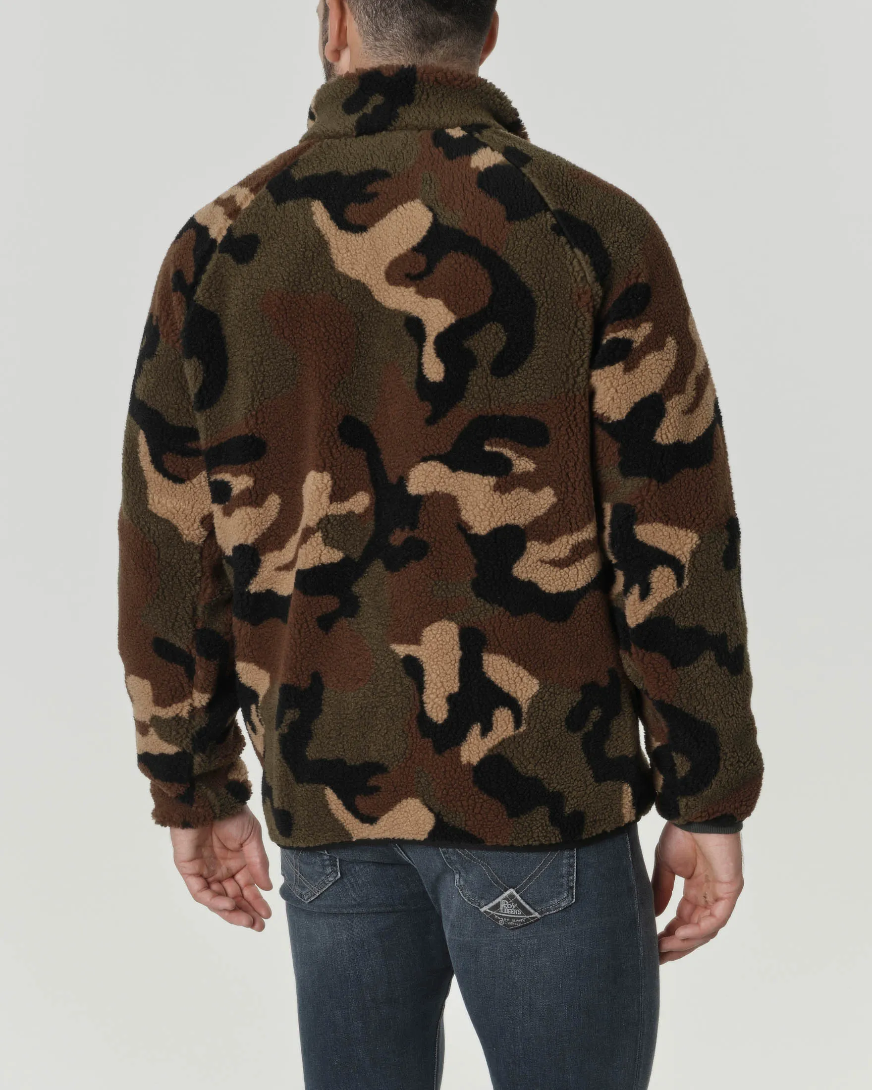 Bomber camouflage in tessuto teddy a collo alto con taschino in nylon applicato sul petto