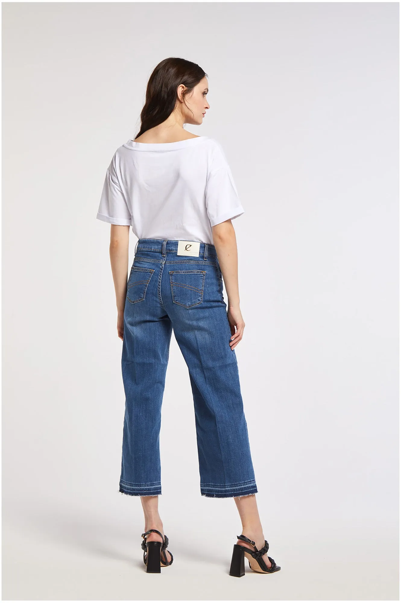 CafèNoir Jeans trousers for women Coulotte with fringed hem C7JJ0065 B048 medium blue