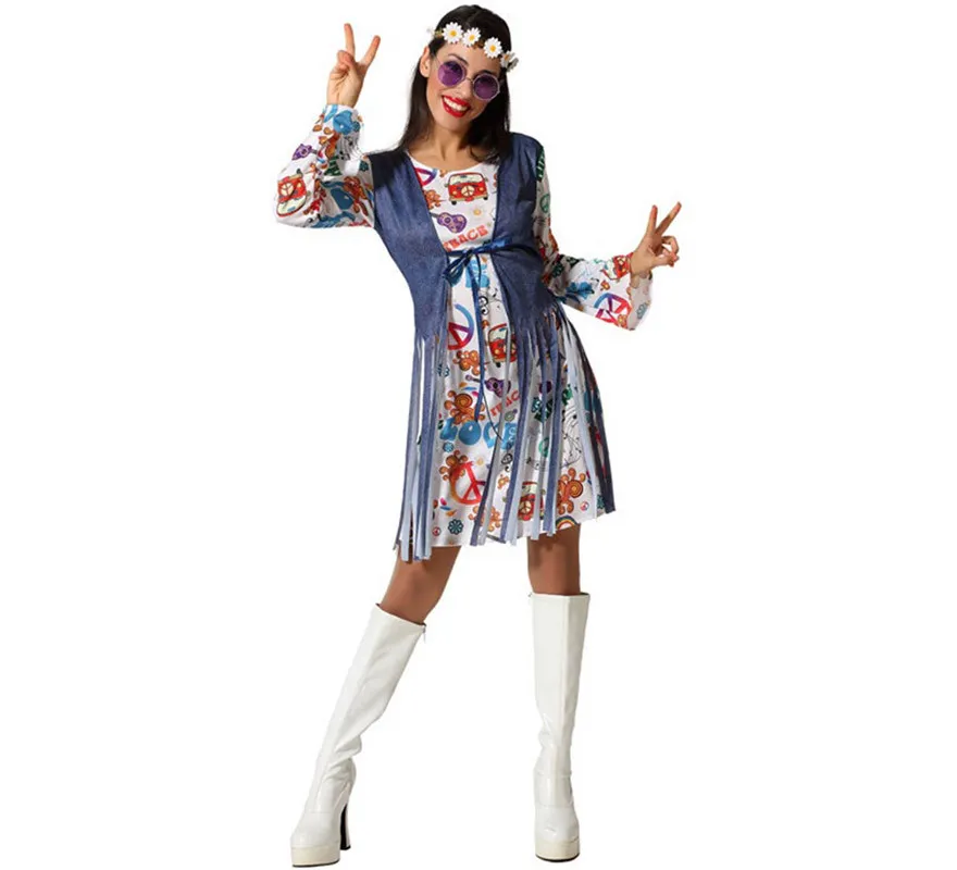 Costume da hippie bianco con stampa per donna
