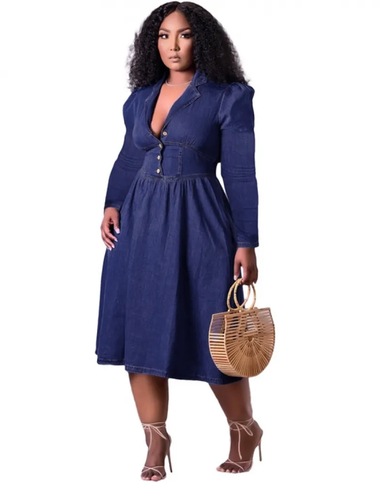 Cutubly Maxi Dress For Girls Fashion A Line Abiti da donna Wash Denim Elegante senza maniche Club Vestido Risvolto scollo a V Vi
