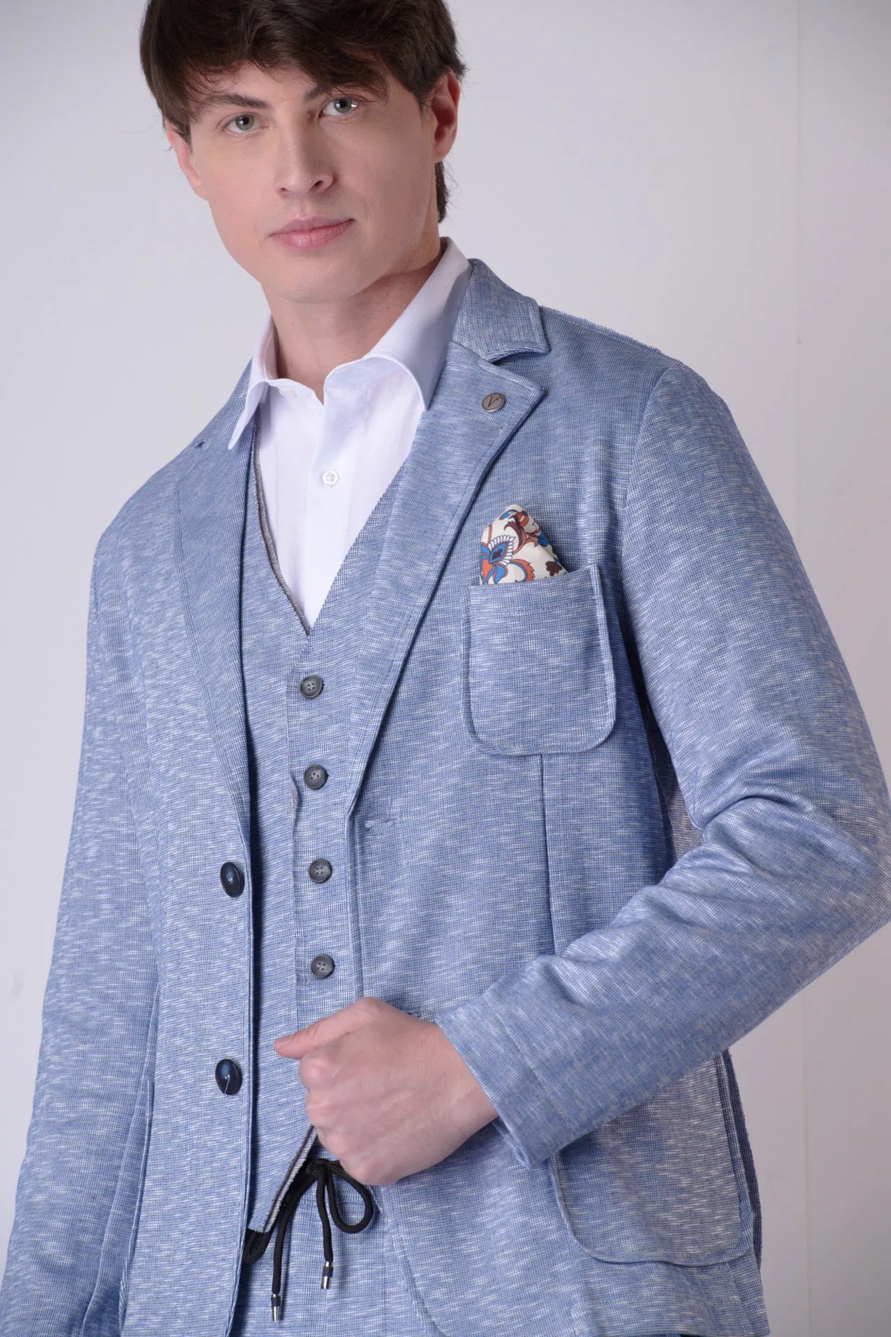 Giacca Sartoriale Monopetto Fiammata Azzurro con interni e pochette in tessuto V2