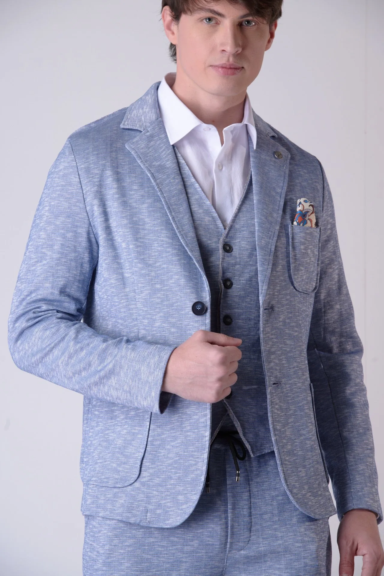 Giacca Sartoriale Monopetto Fiammata Azzurro con interni e pochette in tessuto V2