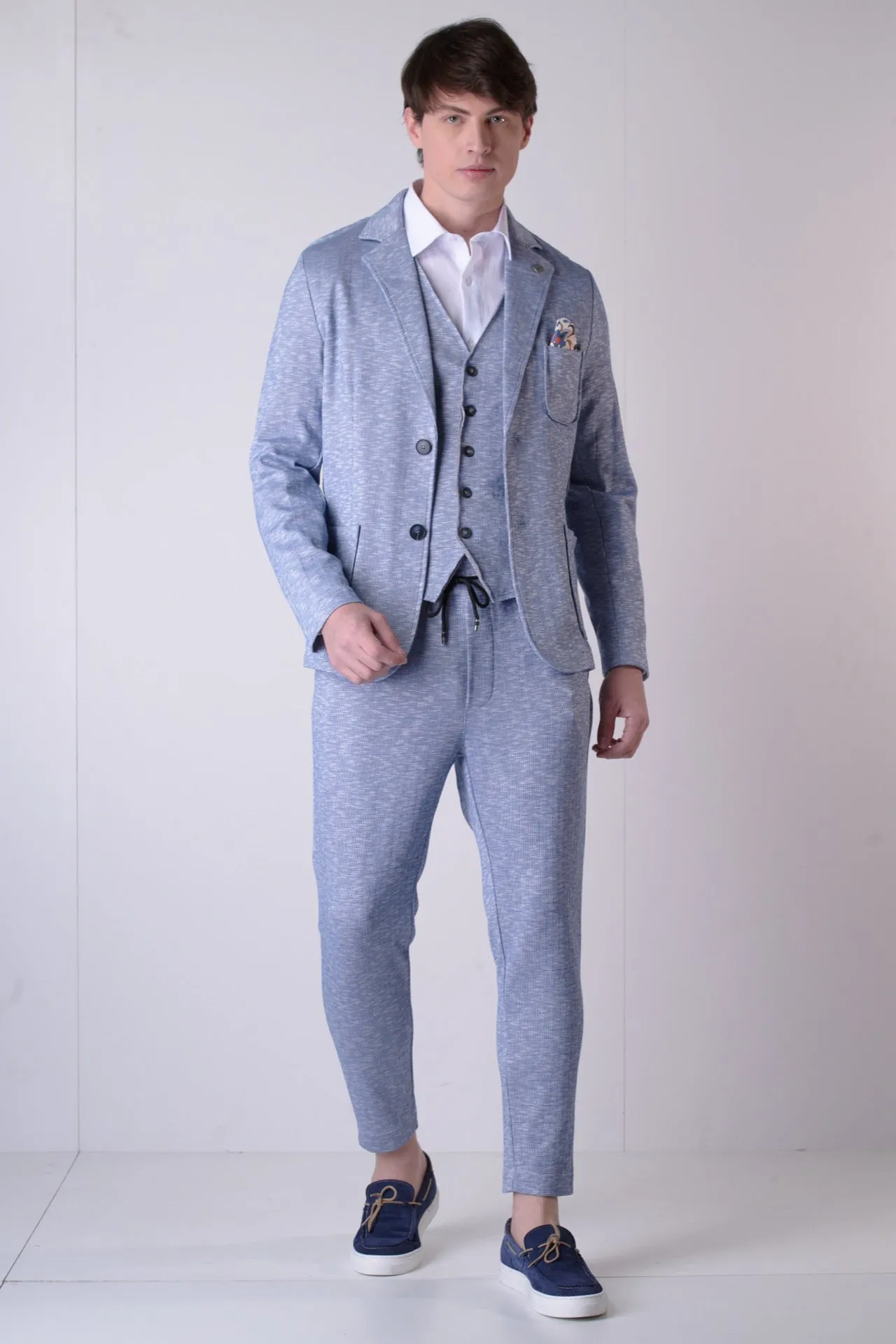 Giacca Sartoriale Monopetto Fiammata Azzurro con interni e pochette in tessuto V2
