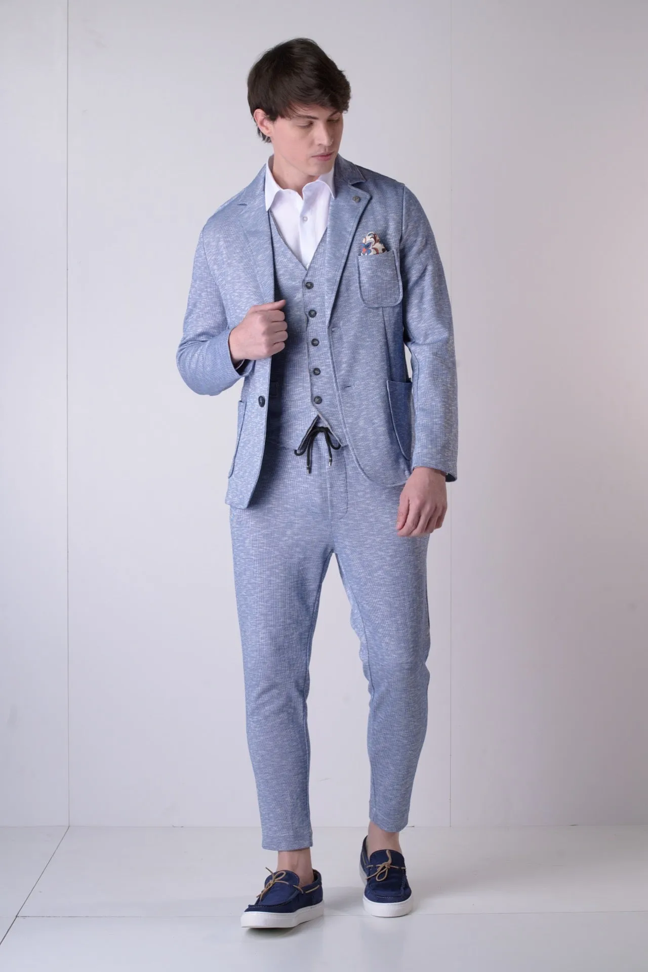 Giacca Sartoriale Monopetto Fiammata Azzurro con interni e pochette in tessuto V2