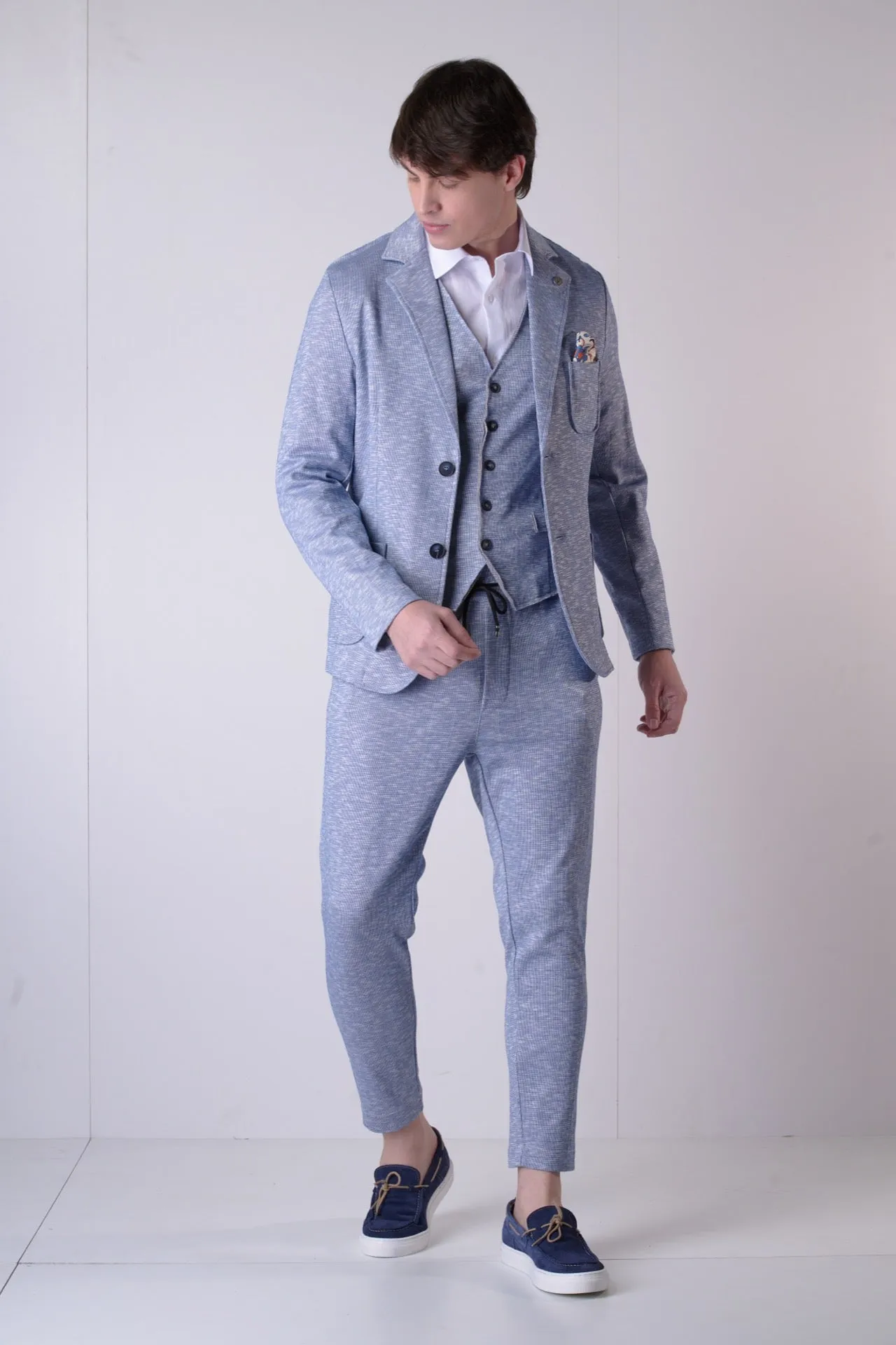 Giacca Sartoriale Monopetto Fiammata Azzurro con interni e pochette in tessuto V2