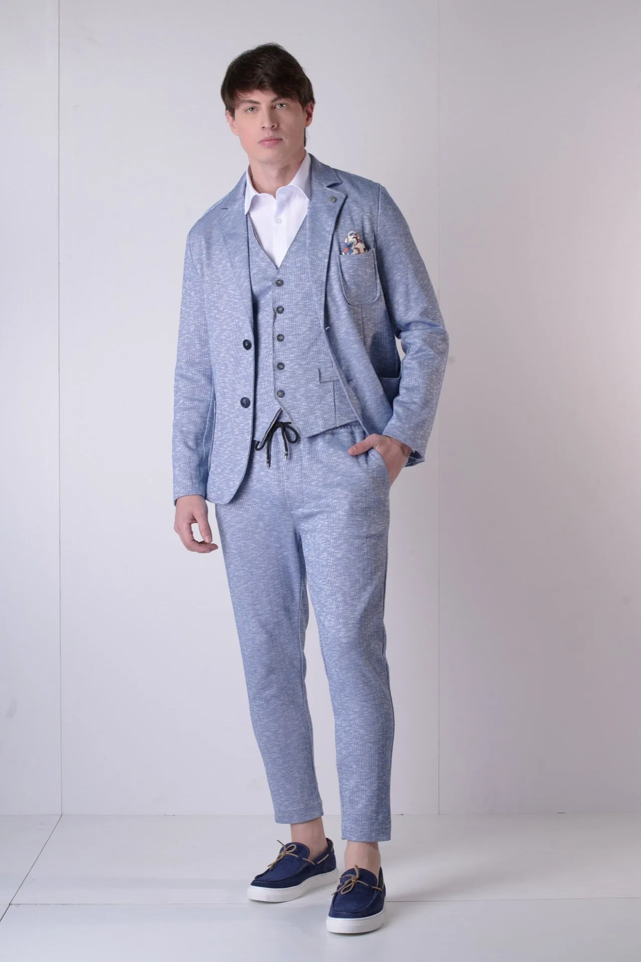 Giacca Sartoriale Monopetto Fiammata Azzurro con interni e pochette in tessuto V2