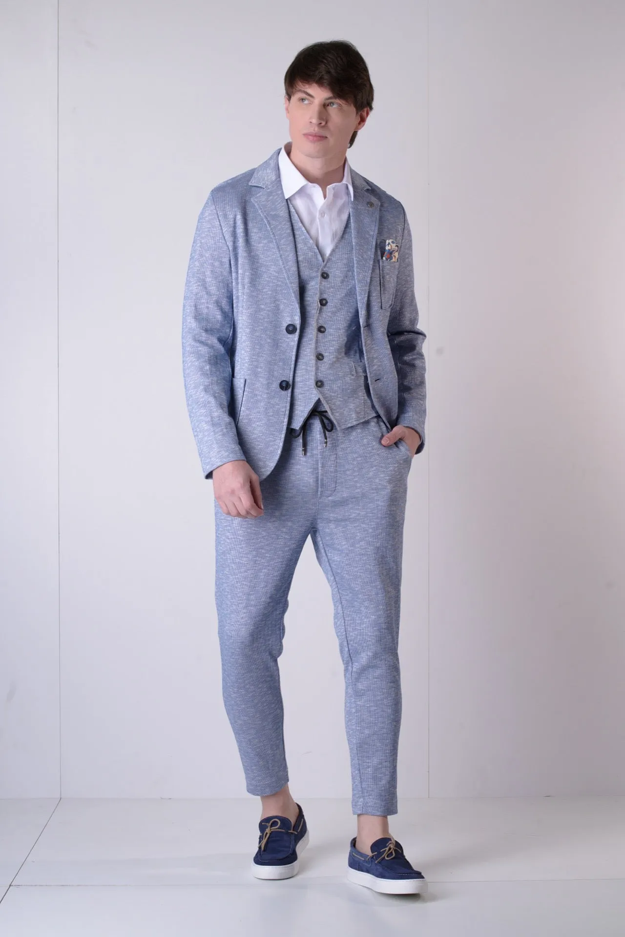 Giacca Sartoriale Monopetto Fiammata Azzurro con interni e pochette in tessuto V2