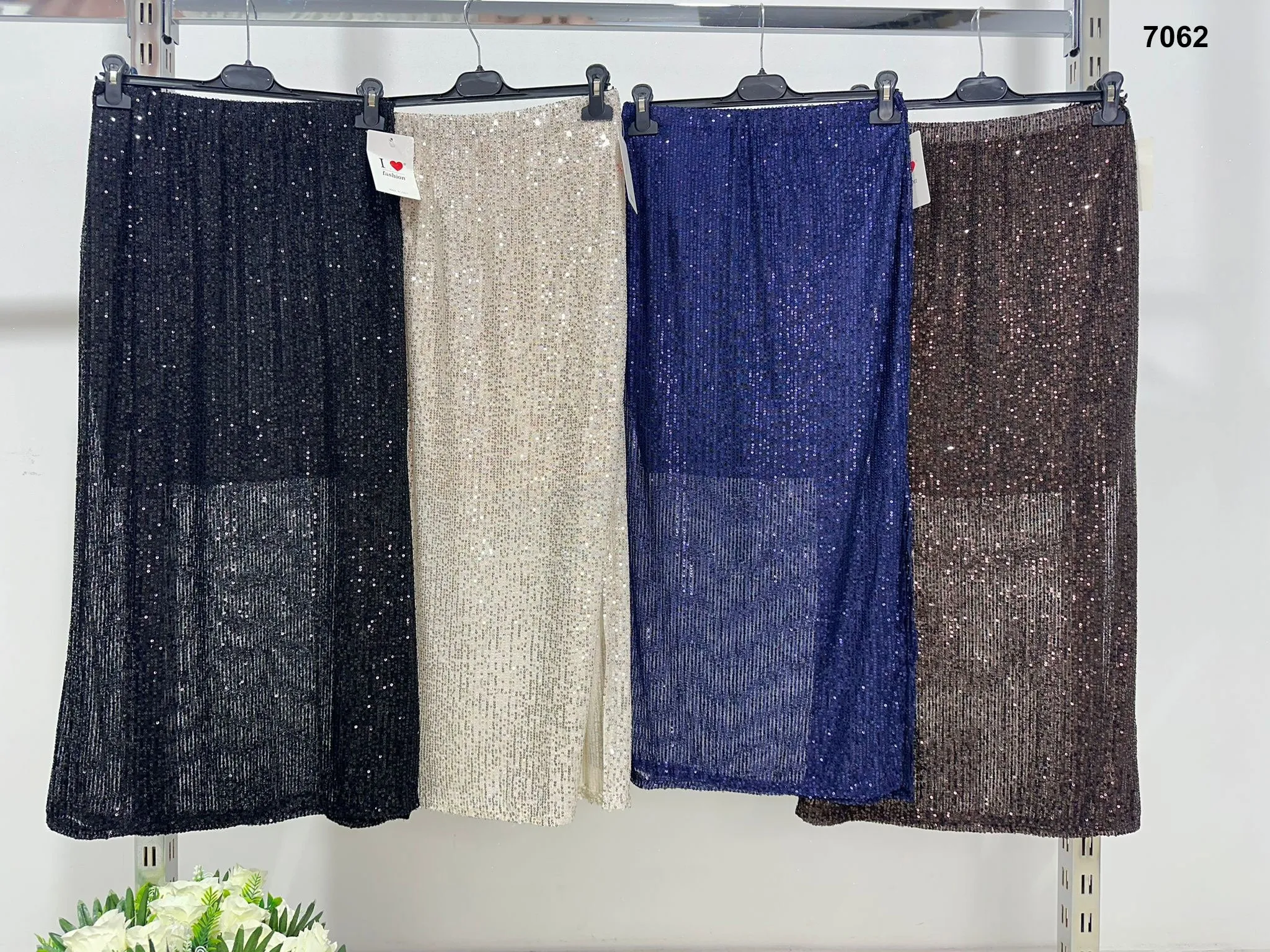 Gonna Lunga Interamente in Paillettes Casual Gonne Lunghe Metà Trasparenti in 4 Colori - 7062