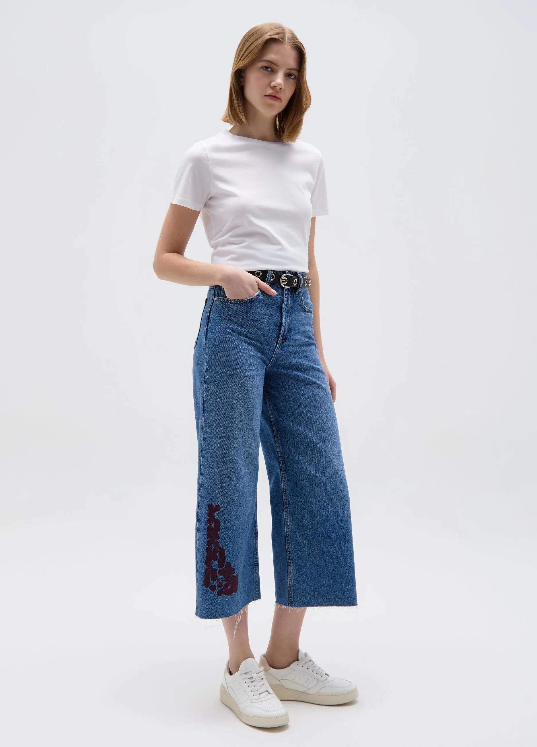 Jeans wide leg crop con stampa RE-UP