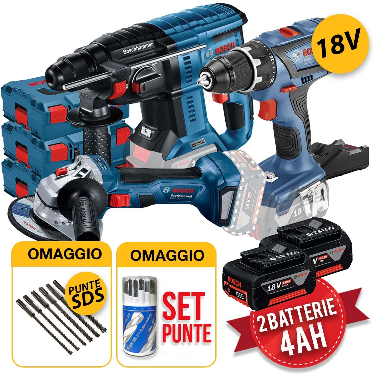 Kit utensili Bosch Professional 18V - Tassellatore GBH 18V-21 + Trapano avvitatore GSR 18V-28, + Smerigliatrice GWS 18V-7, 3 val