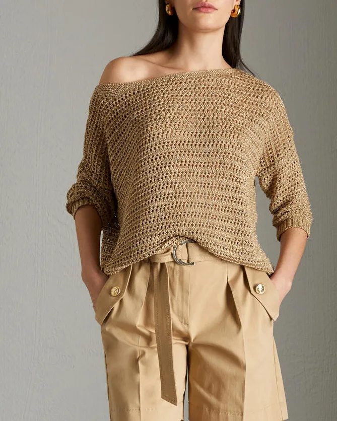 Maglia color oro in maglia traforata di misto viscosa con inserti in lurex