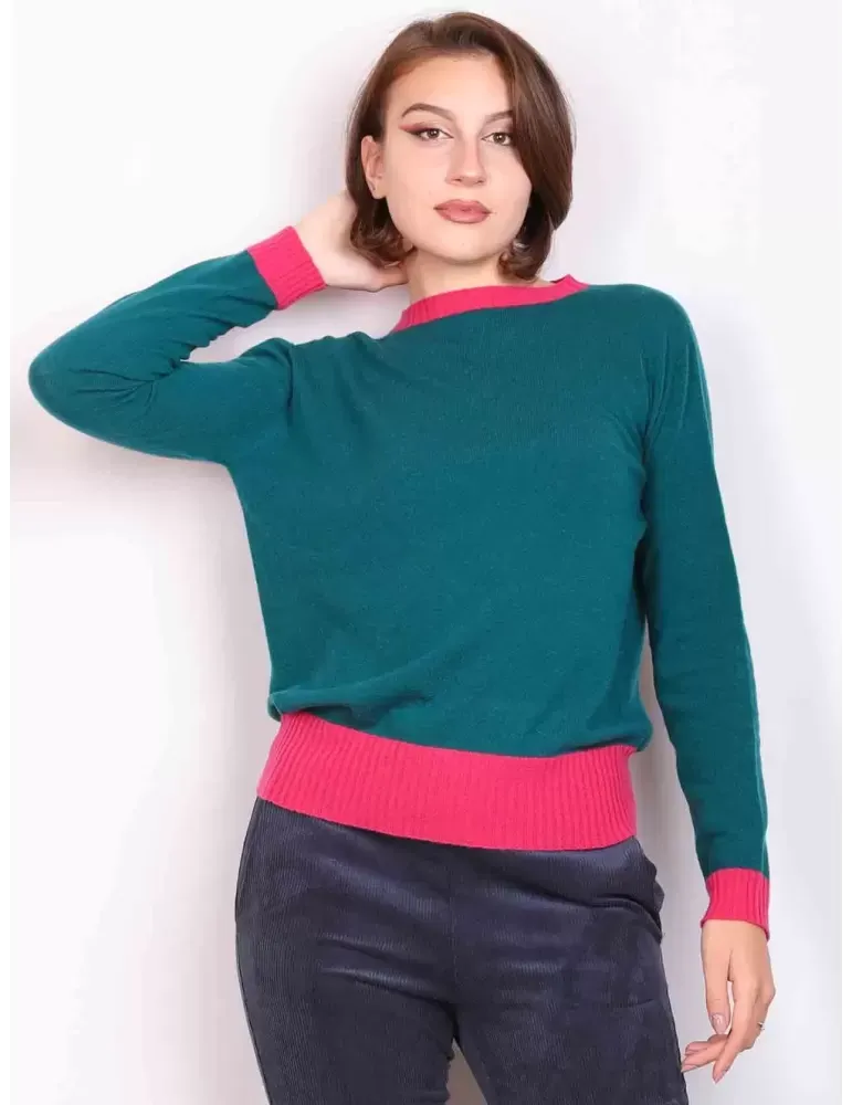 Maglia in lana e cashmere verde e fucsia Riva Tricot
