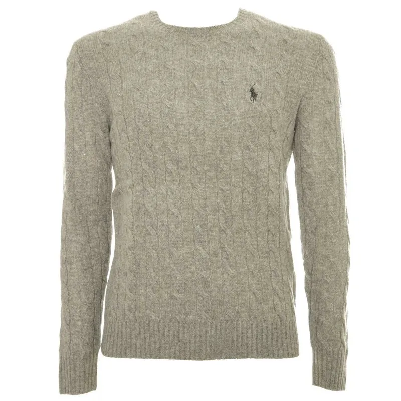 Maglione girocollo grigio a trecce in lana e cashmere 