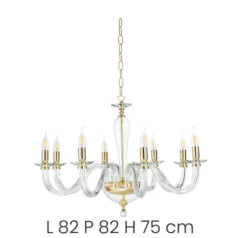 Ondaluce Lampadario Ravel/8 in vetro lavorato a mano con dettagli metallici, oro