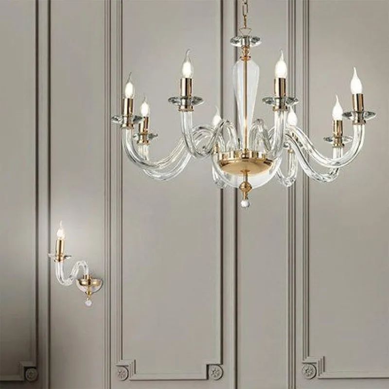 Ondaluce Lampadario Ravel/8 in vetro lavorato a mano con dettagli metallici, oro