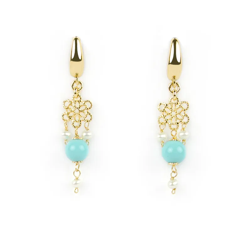 Orecchini monachella con fiore in oro giallo, turchese e perle