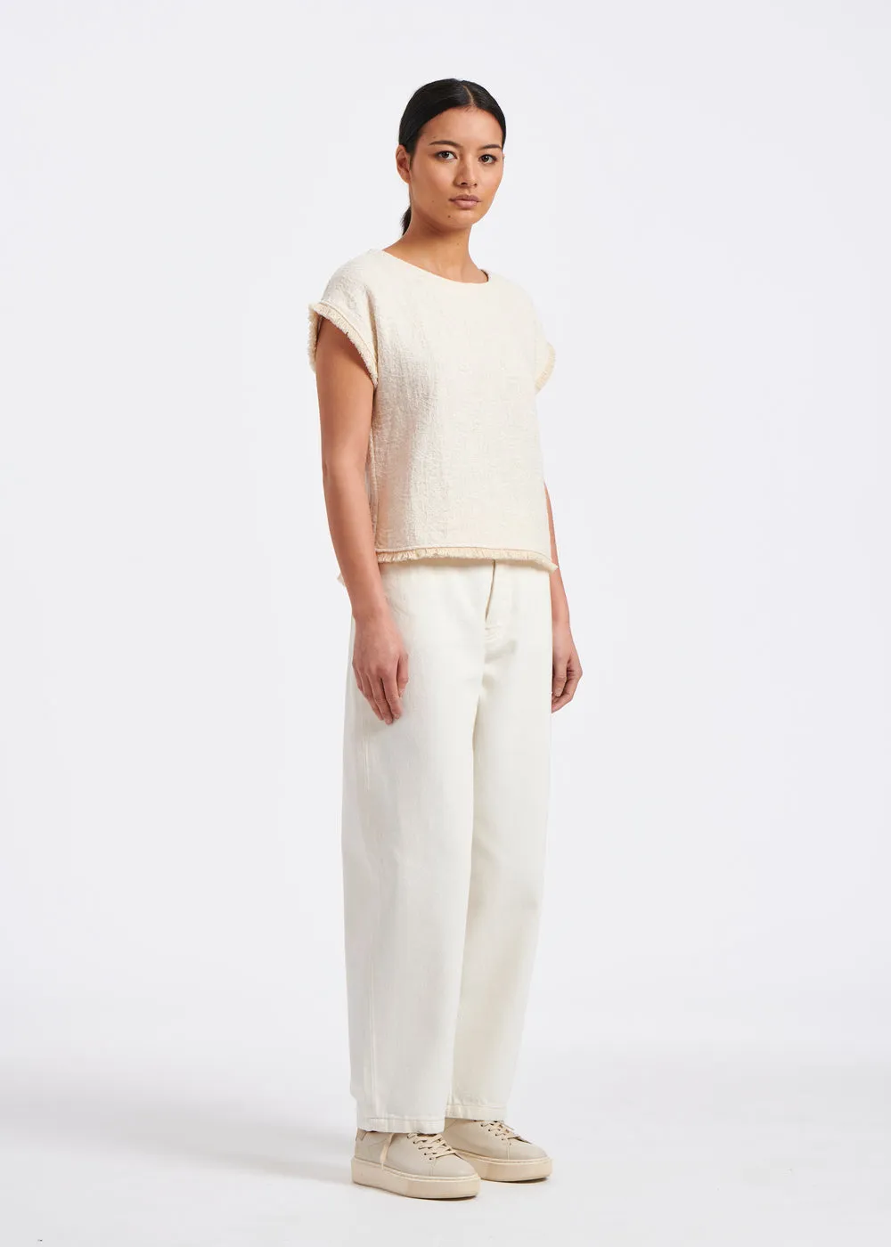 Reversible blouse-top in fringed ecru jacquard