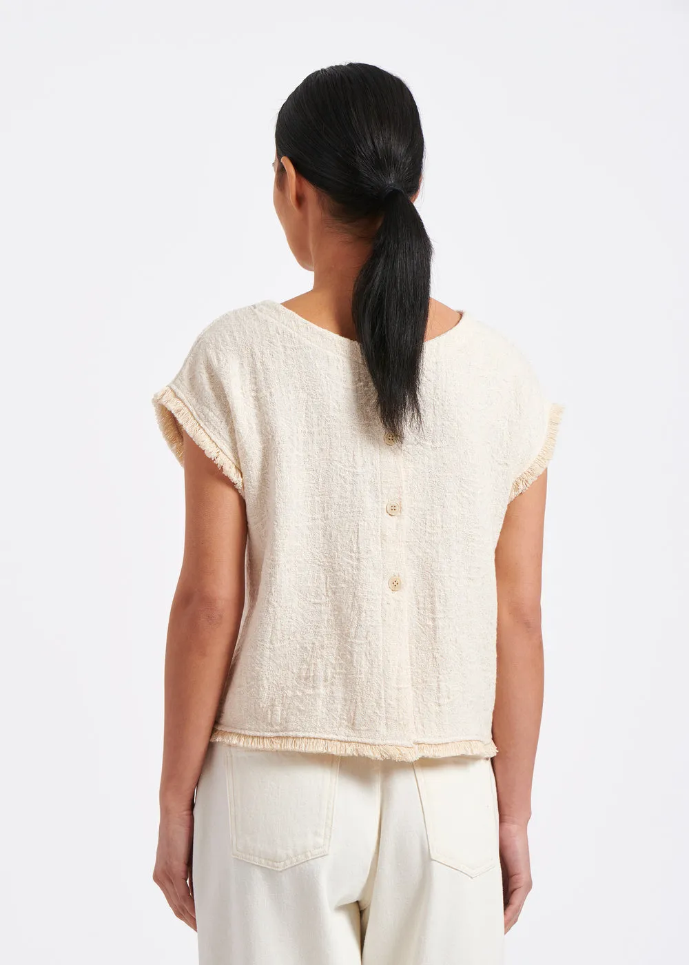 Reversible blouse-top in fringed ecru jacquard