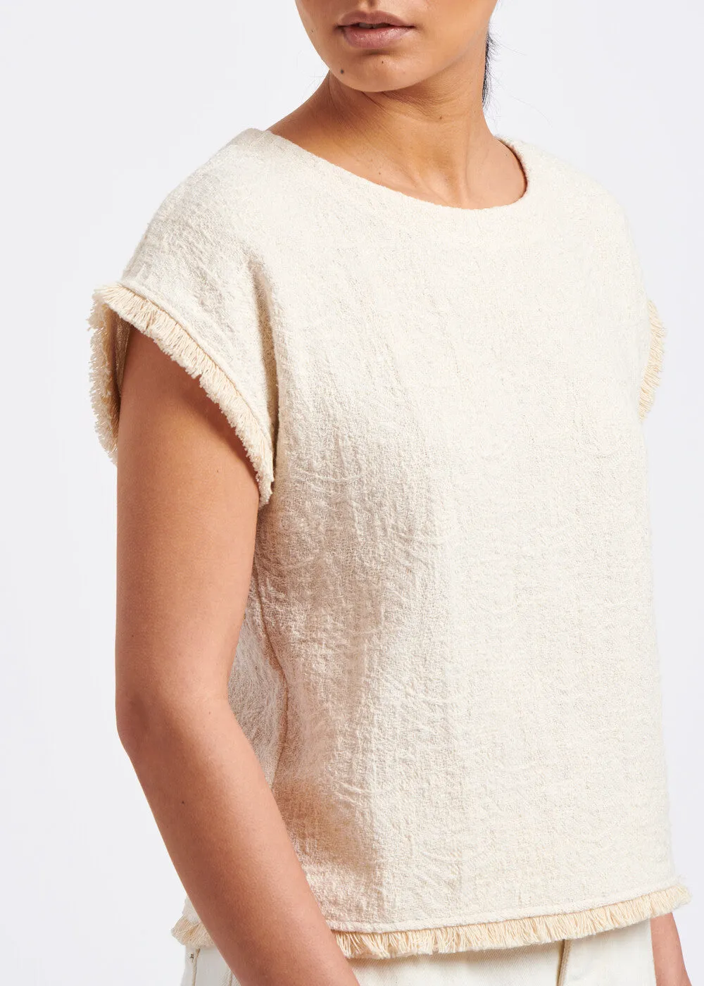 Reversible blouse-top in fringed ecru jacquard