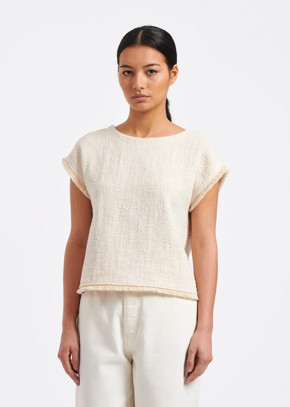 Reversible blouse-top in fringed ecru jacquard