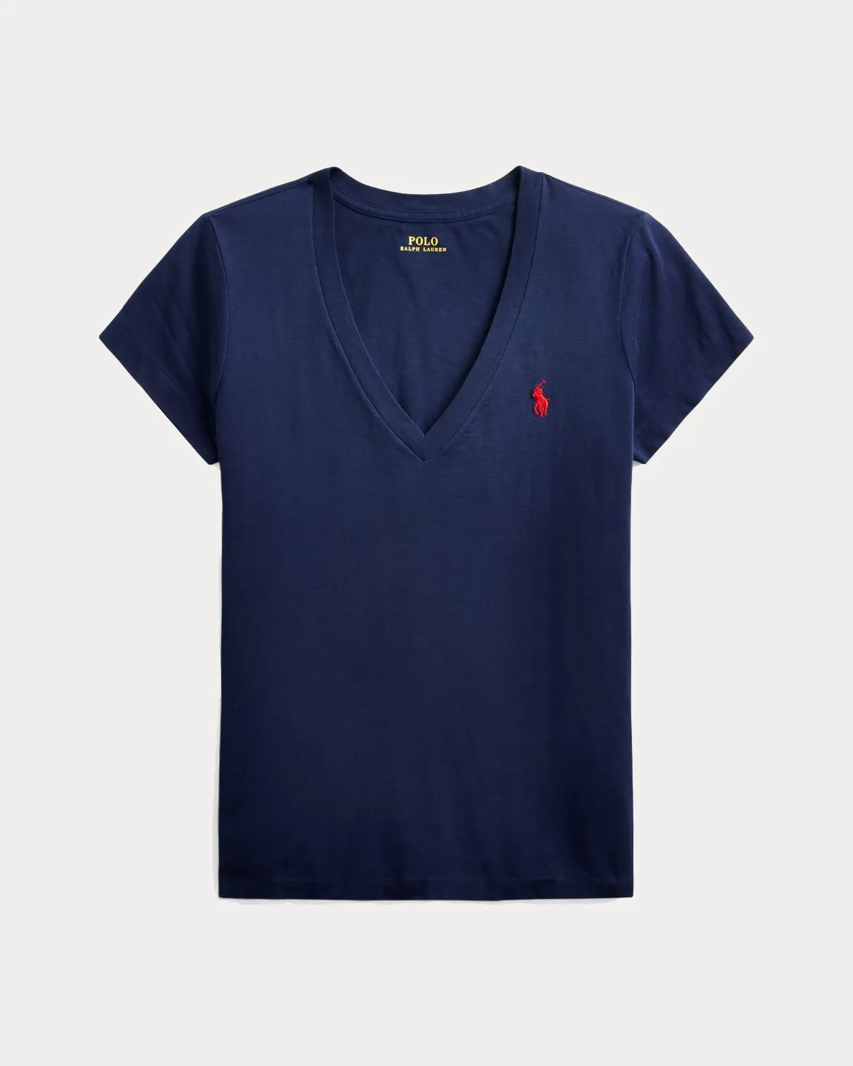 T-shirt blu in cotone con scollo a V e logo rosso ricamato