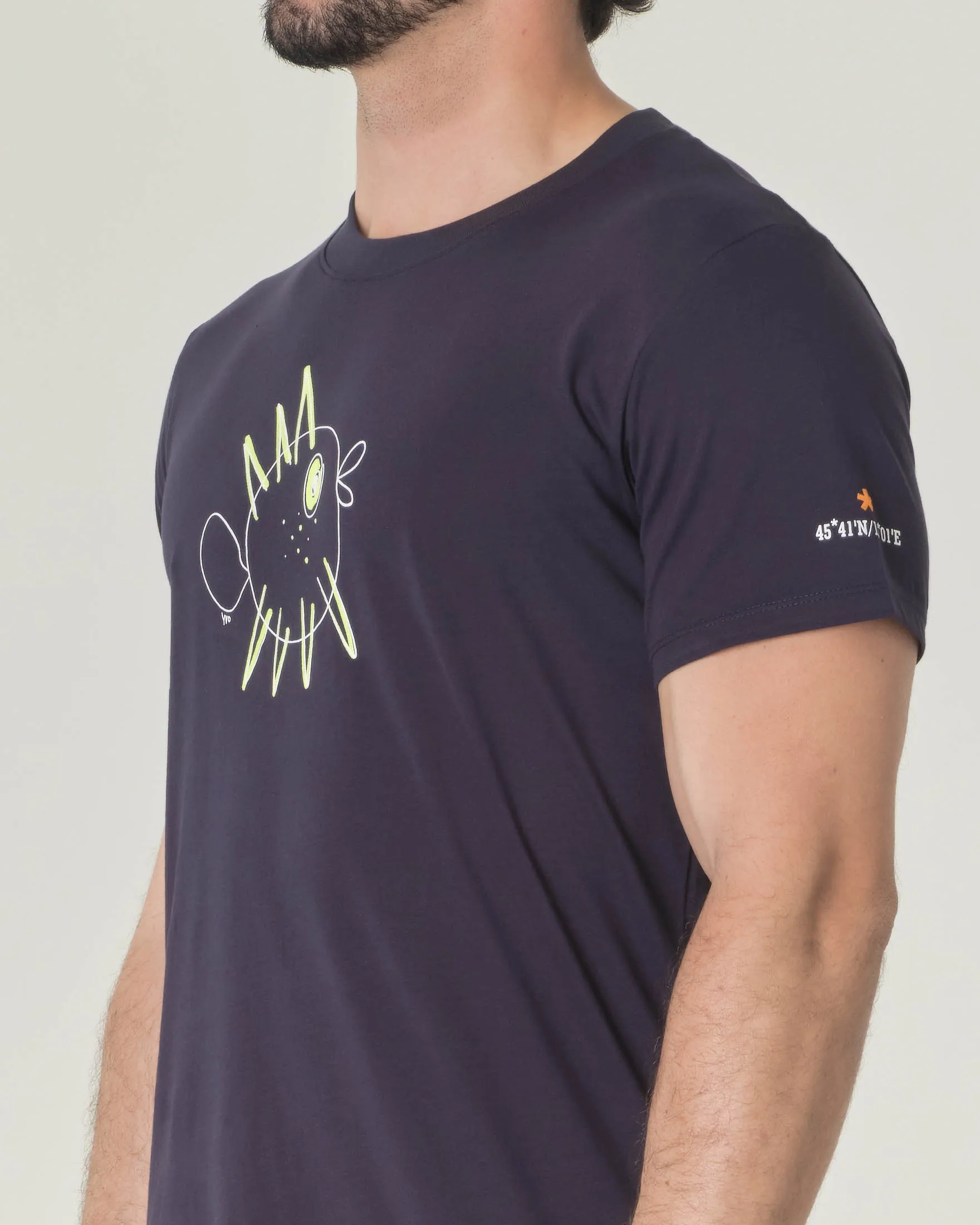 T-shirt blu mezza manica in jersey di cotone con stampa pesce palla