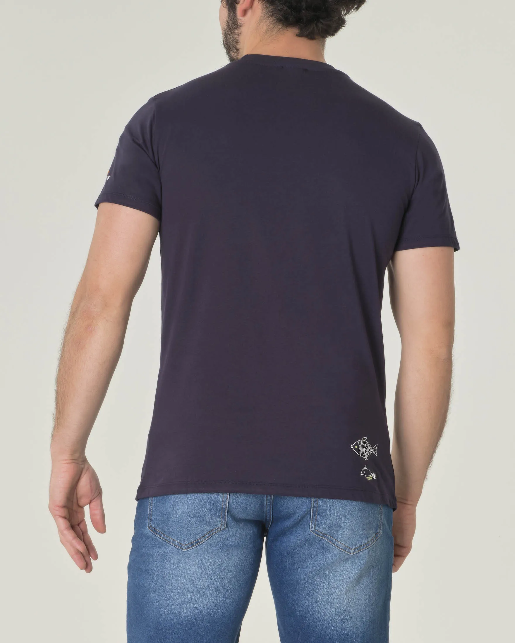 T-shirt blu mezza manica in jersey di cotone con stampa pesce palla
