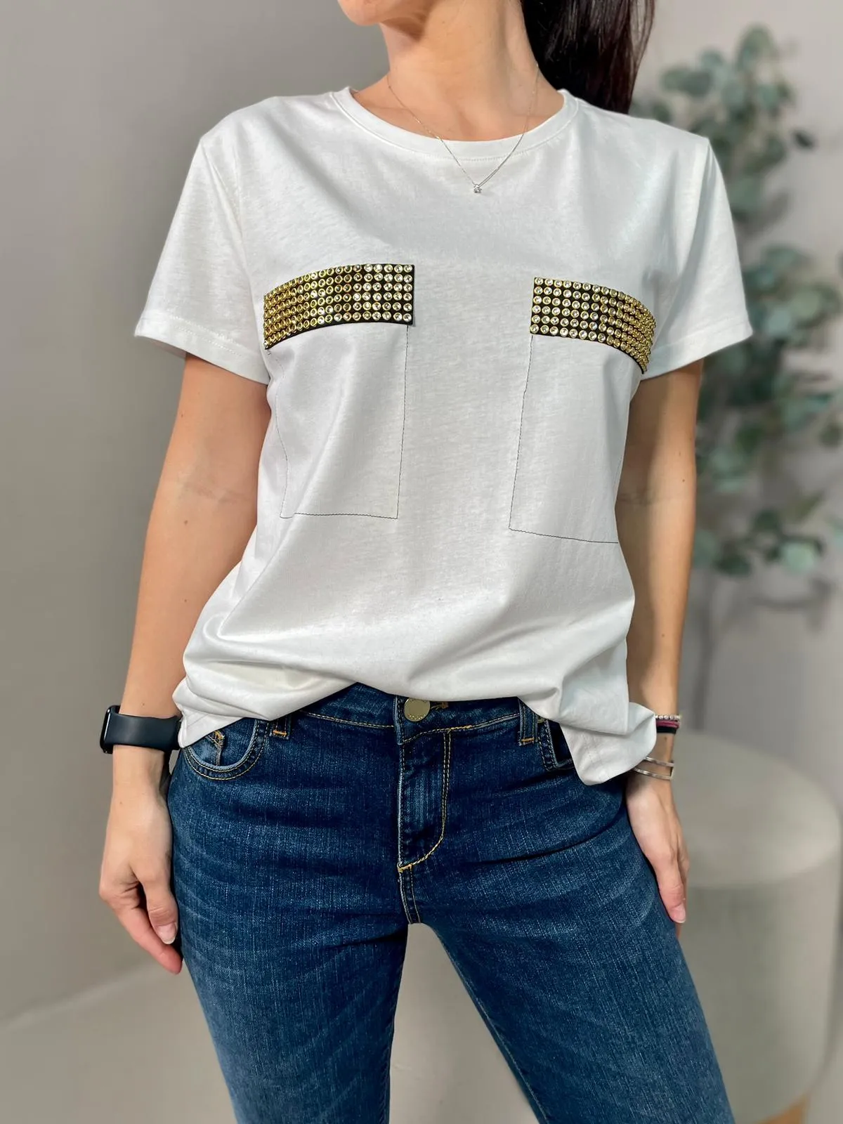 T-shirt Borchie Strass Bianco
