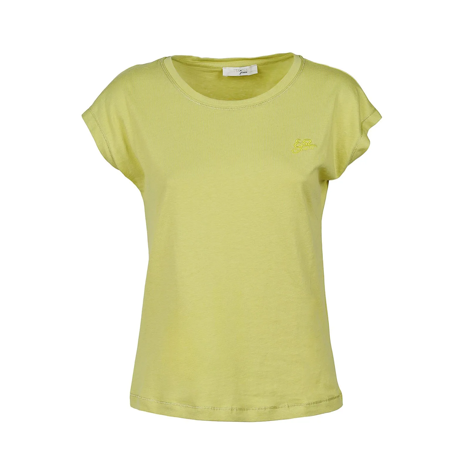 T-shirt gialla con maniche corte e cuciture oro